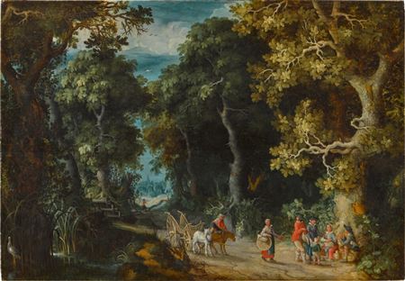 Abraham Govaerts : A wooded landscape with travellers and peasants on a path by a pond, a town in the distance