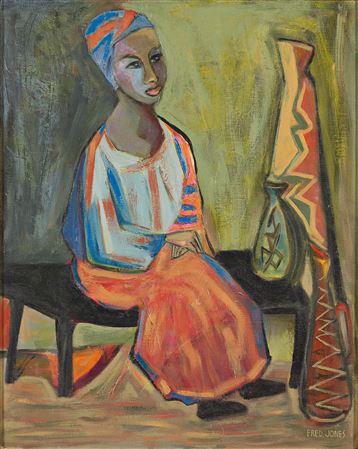 Frederick Douglas Jones Jr : Seated Woman in African Dress with Sculpture.