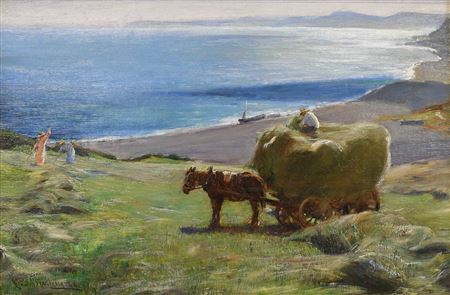 Arthur Friedenson : Loaded hay wagon and haymaking before a sun drenched coast