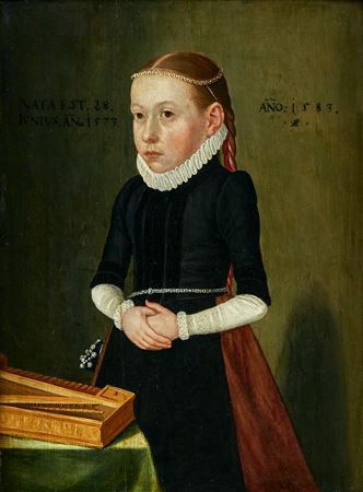 Lorenz Strauch : Portrait of a girl standing beside a virginal