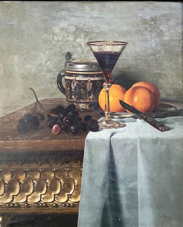 Paul Preyer : Still life with jug, wine goblet, oranges and grapes