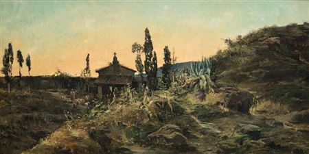 Antonio Gomar Y Gomar : 'Valencian field at dawn with shepherdess and sheep'