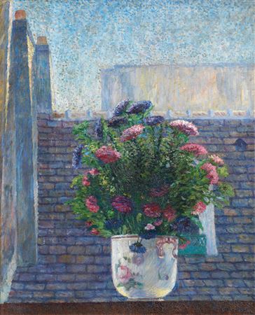 Albert Dubois-Pillet : Reines-marguerites dans un pot sur le rebord d'une fenêtre