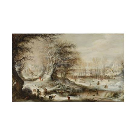 Gysbrecht Leytens : Paysage d'hiver avec pêcheurs et chasseurs au abords d'un village, et enfants jouant sur une rivière gelée