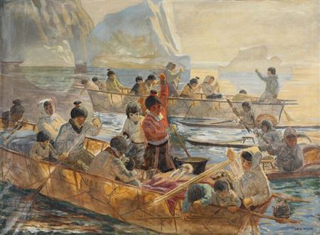 Luplau Janssen : A Greenlandic fiord with umiaks and kayaks.