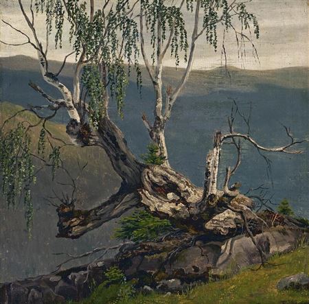 Frederik Hansen Sodring : View of a mountainous landscape with an old birch tree in the foreground