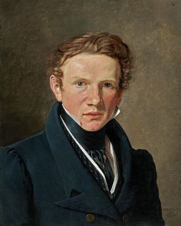 Wilhelm Ferdinand Bendz : The painter's self-portrait in white shirt and blue collar, blue waistcoat, and jacket with gold buttons