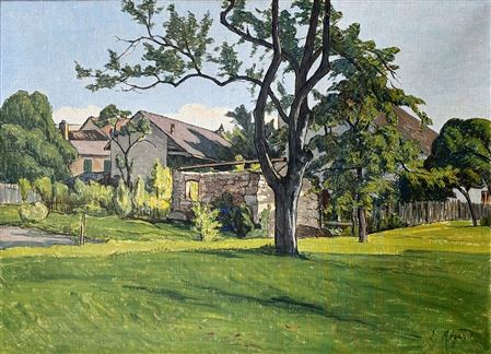 Joseph Megard : Landscape of a garden with trees against a background of houses