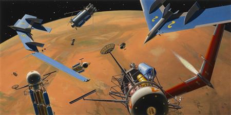 Chesley Knight Bonestell : IN ORBIT 600 MILES ABOVE MARS! PREPARING TO LAND