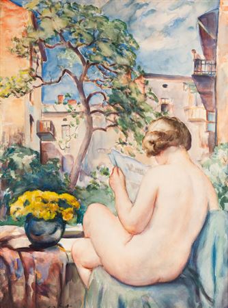 Theodor Grott : 'On the balcony'('Springtime', 'In the window (nude)', 'Reading woman in the window')