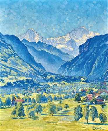 Paul Schurch : Sommerliches Tal mit Mönch und Jungfrau