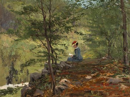 Hermann Carl Hempel : FOREST LANDSCAPE WITH A LADY READING