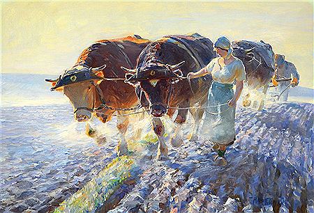 Max Bergmann : Farming couple plowing with an ox cart