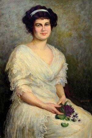 Erzsebet Kalicza : Large female portrait, young woman with bouquet of flowers and white dress