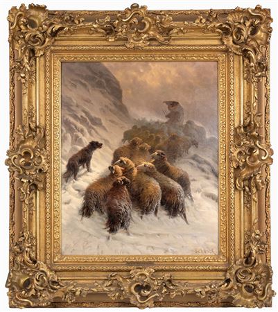 August Friedrich Albrecht Schenck : Shepard with Sheep on Wintery Hillside