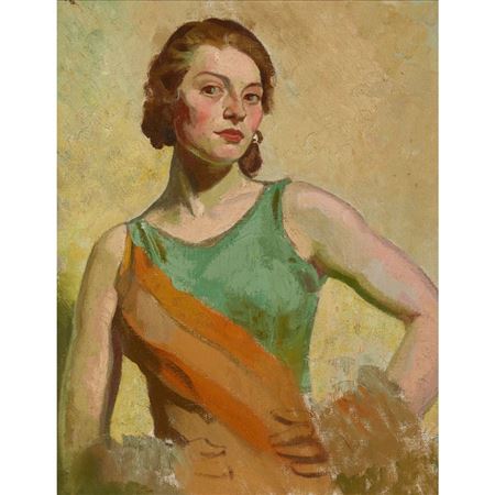 Veronica Burleigh : HALF LENGTH PORTRAIT OF A YOUNG WOMAN IN GREEN AND ORANGE