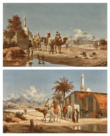 Lieutenant Long : A pair of landscapes depicting riders: by an oasis; by a mosque in the mountains