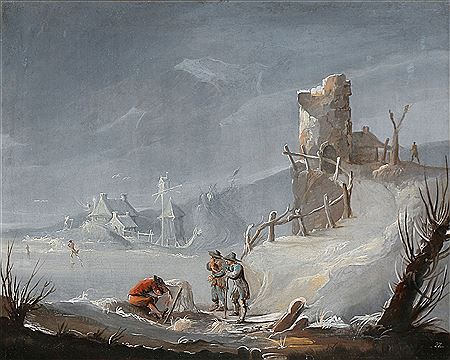 Peter Cramer : Winter landscape with men by a hole in a frozen lake