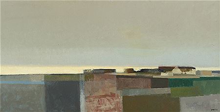 Georg Poulsen : Landscape over open fields with a farm in the background.