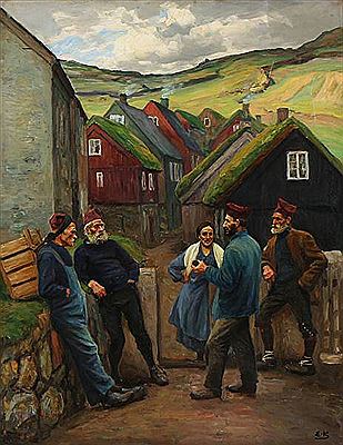 Emil Axel Krause : A little lane in Myggenæs. Village scene from the Faroe Islands.