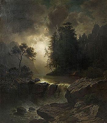 Ludwig Gebhardt : Alpenlandschap met figuren aan kampvuur bij waterval, donkere wolken in de achtergrond.