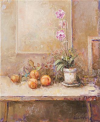 Ricardo Cejudo Nogales : Still life of flowers in a pot arranged on a table beside peaches