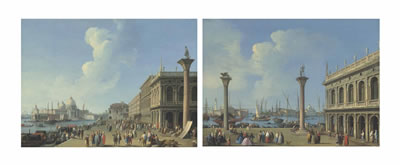 Giovanni Battista Cimaroli : THE PIAZZETTA SAN MARCO, VENICE, LOOKING AT THE MOLO, WITH THE LIBRERIA, THE COLUMNS OF SAINTS MARK AND THEODORE AND FIGURES CONVERSING ON THE SQUARE; AND THE RIVA DEGLI SCHIAVONI, VENICE, WITH FIGURES NEAR THE LIBRERIA AND COLUMN OF SAINT THEODORE, THE P