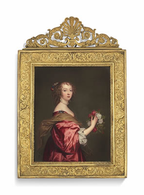 Henry Bone : Catherine Howard, Lady d'Aubigny (1620-1650), in crimson dress, with flowers