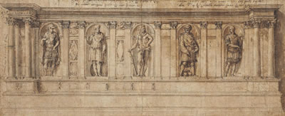 Baldassare Tommaso Peruzzi : Design for a bench: the five niches containing figures of ancient heroes