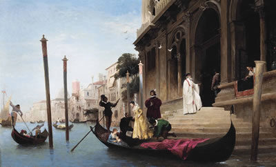 Louis Claude Mouchot : Boarding a gondola, Venice