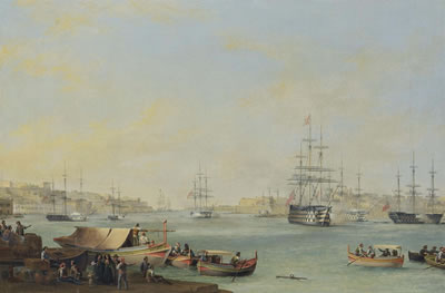 Anton Schranz : The arrival of the Dowager Queen Adelaide aboard H.M.S. Hastings at the Grand Harbour, Valletta, 30 November 1838