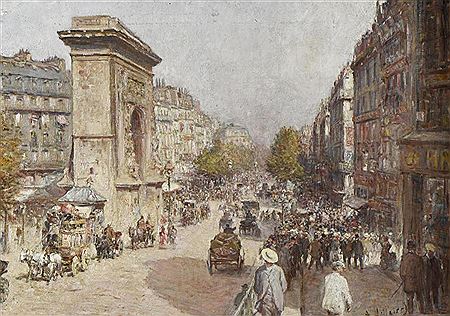 Anatole Eugène Hillairet : Le boulevard de Bonne-Nouvelle et la porte Saint- Denis par un après-midi ensoleillé