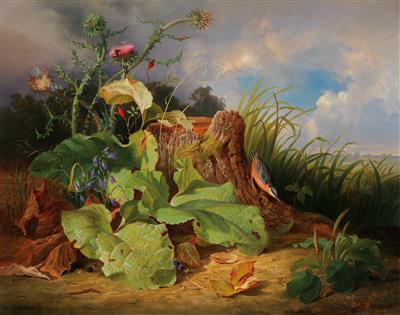 Josef Schuster : Still Life with Thistle, Harebells, Rosehips and a Nuthatch