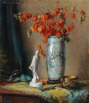 Arnulf De Bouche : Still Life with Japanese Vase and Figurine