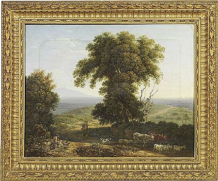 Carlo Labruzzi : 'Landscape with big tree and herds' and 'landscape with roads and travelers' (pair)