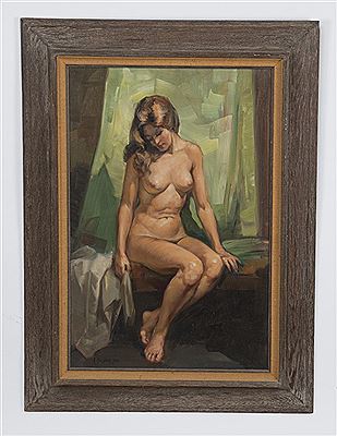 Antonis Karafyllakis : A seated nude in a studio interior