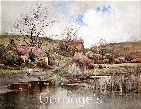 Wiggs FJ Kinnaird : Lakeside cottage with figures on a path