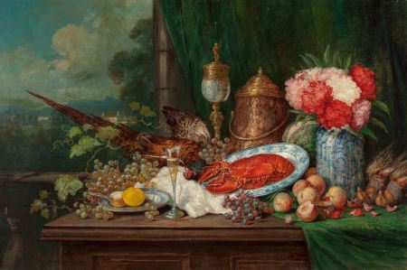 Georg Sommer : 'Abundant Still Life with Pheasant, Lobster, Fruit, and Flowers'