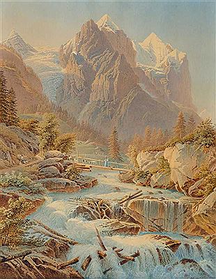 Matthias Gabriel Lory : Pair of works: View of the Wetterhorn, the Rosenlaui Glacier and the Reichenbach stream / View from the Wengenalp onto the Eiger.