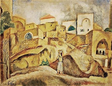 Arieh Allweil : Woman in urban landscape, 1920's