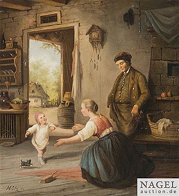 Hermann Volz : Rural interior with a child making tentative steps