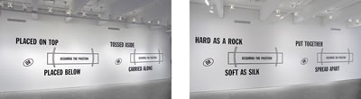 Lawrence Charles Weiner : HARD AS A ROCK OR (ASSUMING THE POSITION) SOFT AS SILK PUT TOGETHER OR (ASSUMING THE POSITION) SPREAD APART PLACED ON TOP OR (ASSUMING THE POSITION) PLACED BELOW TOSSED ASIDE OR (ASSUMING THE POSITION) CARRIED ALONG