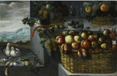 Francisco Barrera : AN ALLEGORY OF THE MONTH OF OCTOBER, WITH A STILL LIFE OF BASKETS OF POMEGRANATES, APPLES, GRAPES AND OTHER FRUITS, A PAIR OF DOVES AND SONGBIRDS ON A STONE LEDGE