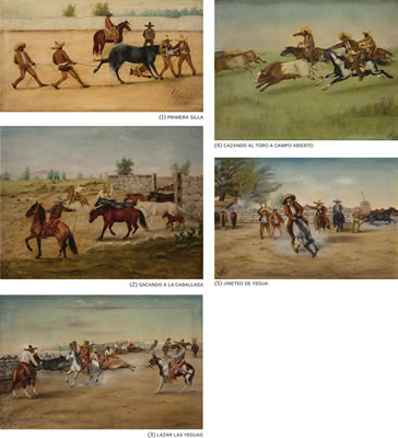 Ernesto Icaza : FIVE WORKS: PRIMERA SILLA, SACANDO A LA CABALLADA, LAZAR LAS YEGUAS, CAZANDO AL TORO A CAMPO ABIERTO, JINETEO DE YEGUA (5)