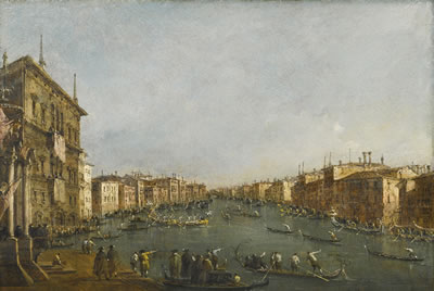 Giacomo Guardi : VENICE, A VIEW OF A REGATTA ON THE GRAND CANAL LOOKING TOWARDS THE RIALTO BRIDGE, WITH THE PALAZZO BALBI TO THE LEFT