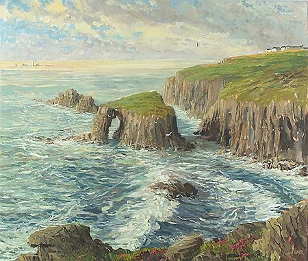 Richard Wood : The Cliffs near Land's End & Enys Dodman Arch & a distant view of the Longships Lighthouse