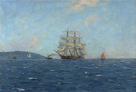 William Ayerst Ingram : Shipping in Falmouth Bay off St Anthony's Lighthouse - square rigged three masted ship with pilot tug entering Falmouth