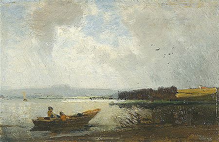 Heinrich Deuchert : Ufer am Chiemsee mit Fischerboot.