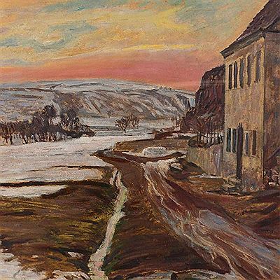 Rudolf Treuter : 'Schneeschmelze', Mittelgebirgslandschaft bei sonnigem Spätwinterwetter