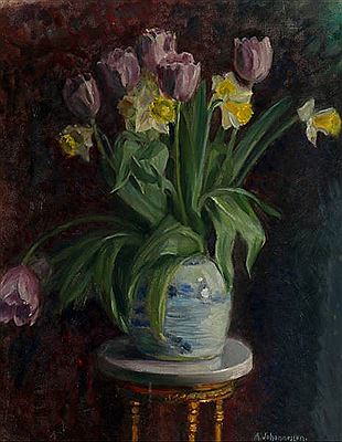 Alfred Johannessen : Still life with tulips and daffodil.